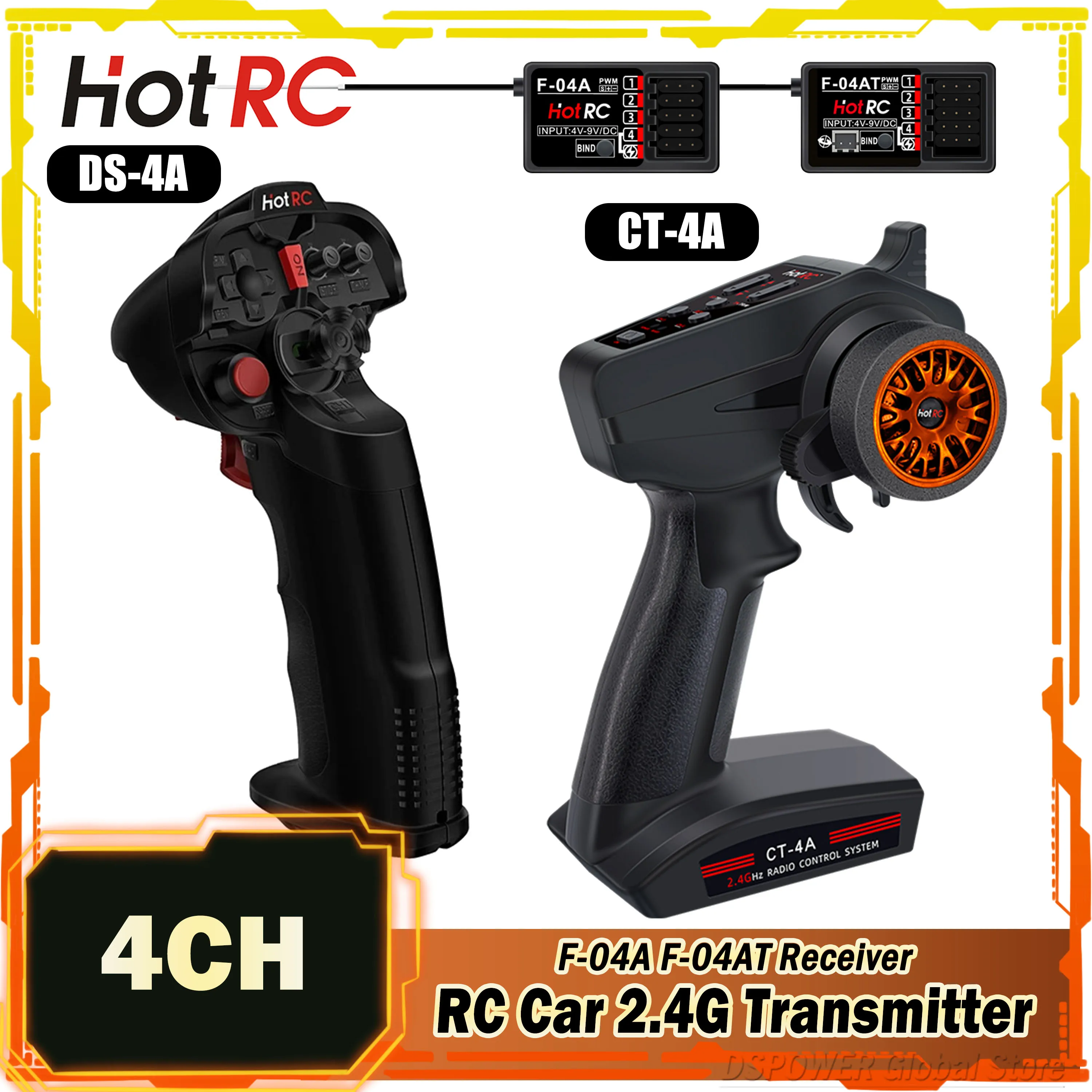 

HOTRC 4CH 2.4G Transmitter DS-4A CT-4A Remote Control Radio Systems F-04A F-04AT Gyro Receiver for RC Car Boat Aircraft Vehicles