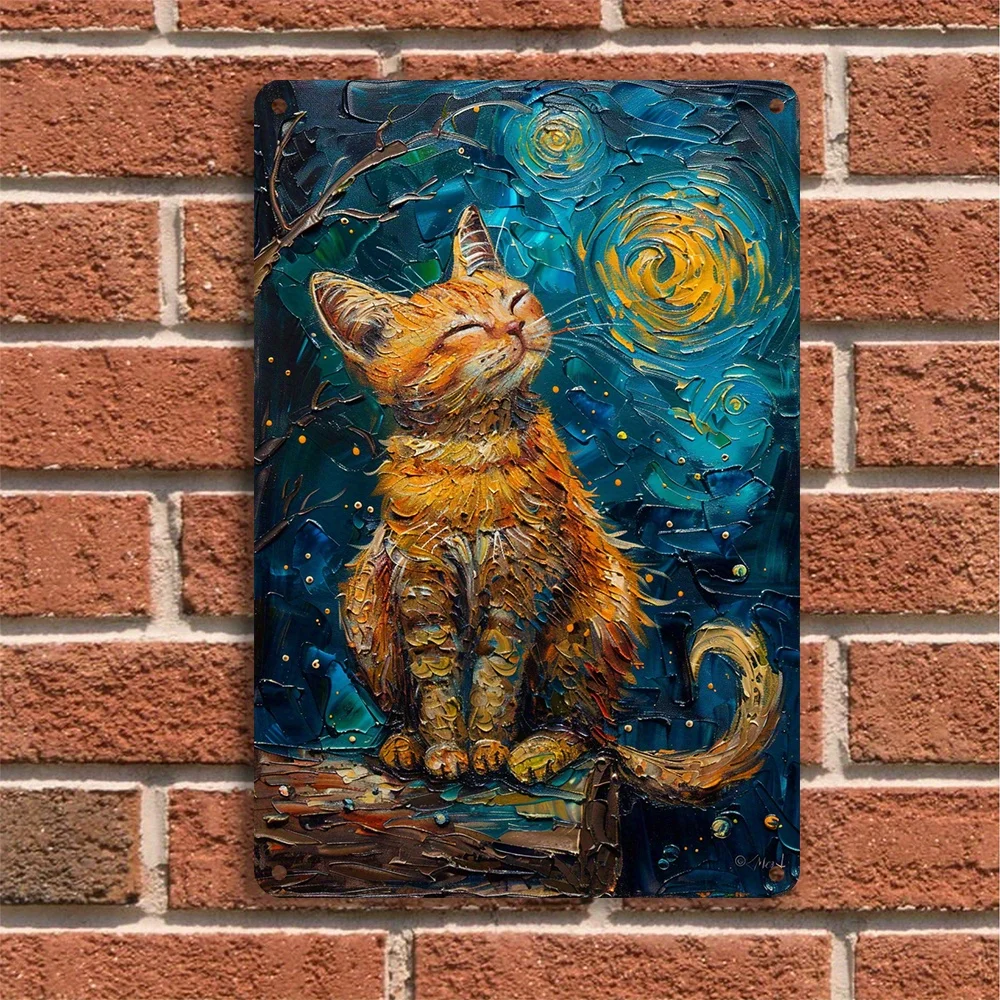 Pintura al óleo de gato inspirada en la noche estrellada, letrero de hierro metálico de 8x12 pulgadas, arte de pared de hierro Vintage para el hogar, Bar, garaje, póster de gato único, 1 ud.