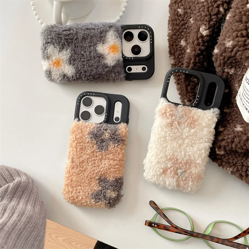 

Korea Cute Fluffy Plush Flower Phone Case for iPhone 17 16 15 14 Pro Max 16pro 17 Pro Girls Furry Cartoon Protector Cover
