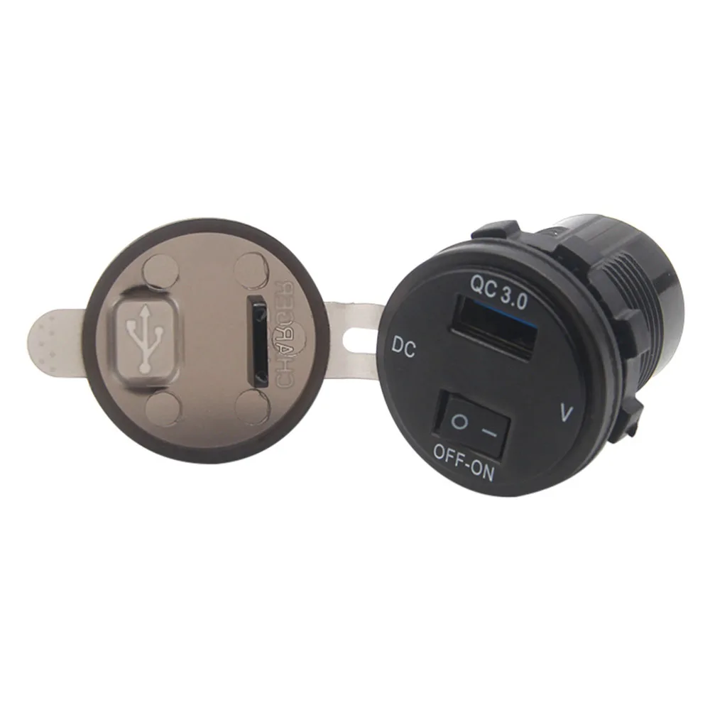 Telepon USB QC 3.0 18W, adaptor daya Motor mengecas cepat dengan saklar Display voltase Voltmeter LED kendaraan DC12V-24V tahan air
