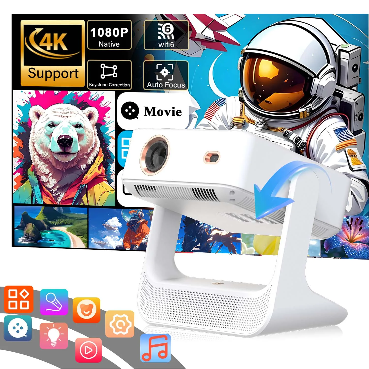 Projektor 4K 1080P, 8" Touchscreen, WiFi Bluetooth, Dual Screen HDMI USB, Heimkino Film Karaoke