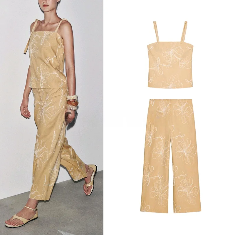 Été Faionable Svel haut brodé avec jambe large pantalons décontractés col rond Ne droit deux pièces ensemble vêtements pour femmes