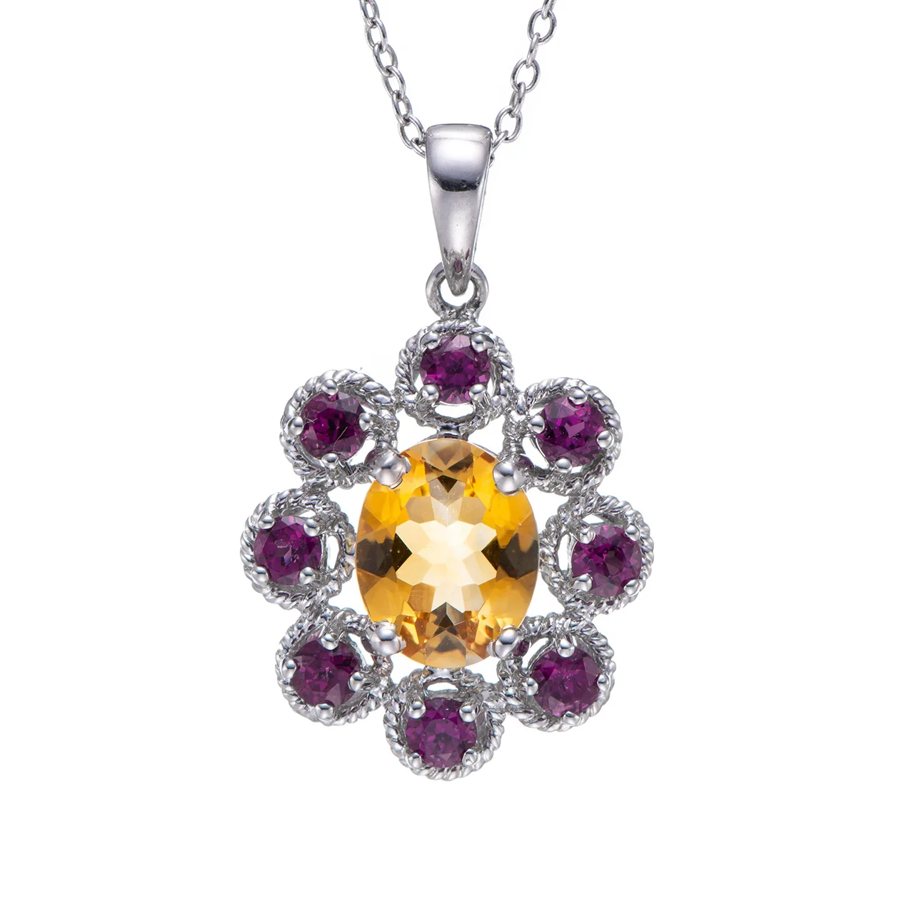 

8x10mm Citrine and Rhodolite Rhodium Over Sterling Silver Pendant with Chain