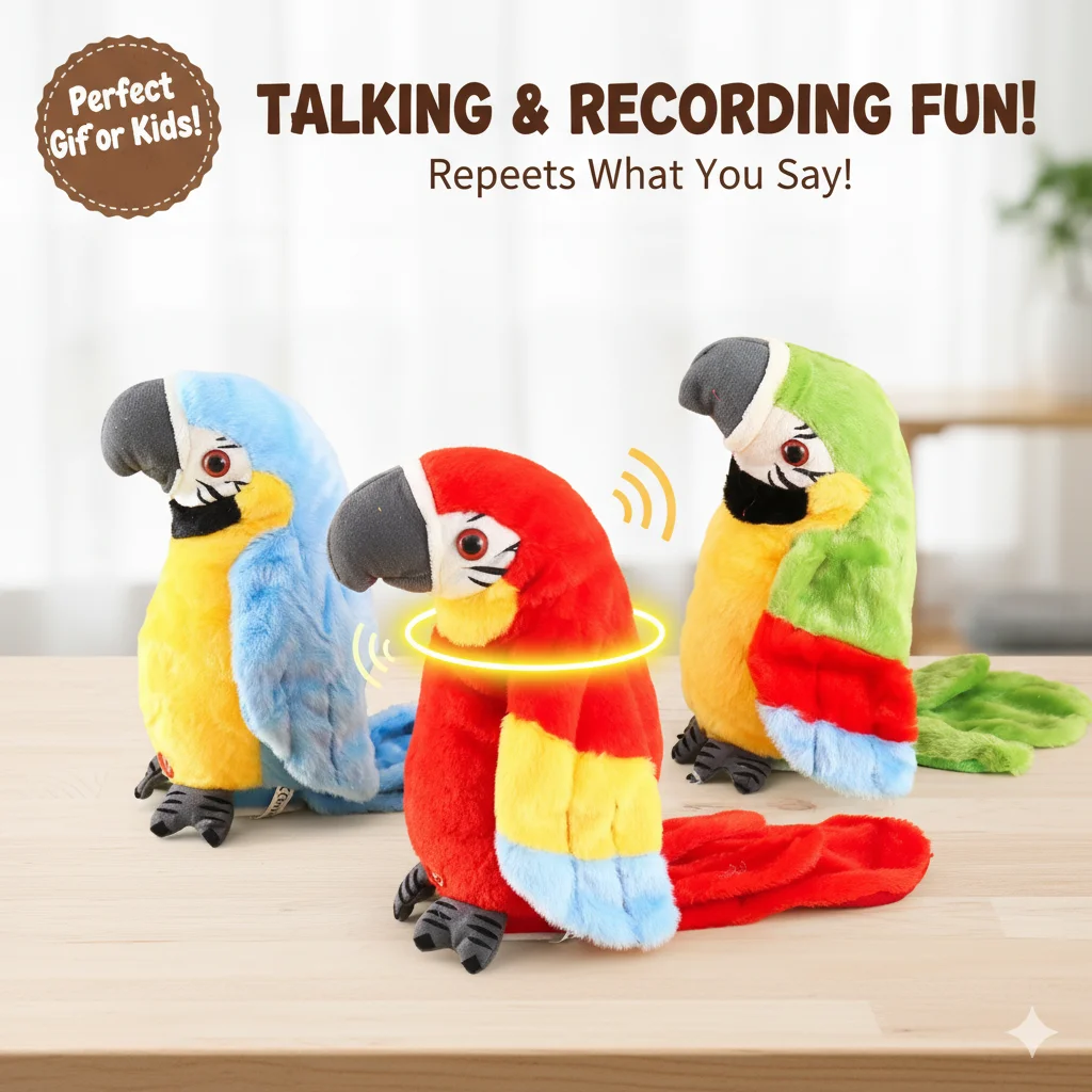 لعبة الببغاء القطيفة الكهربائية الببغاء الناطق مع أجنحة ترفرف وتسجيل تعلم التحدث لعبة الطيور التفاعلية للأطفال
