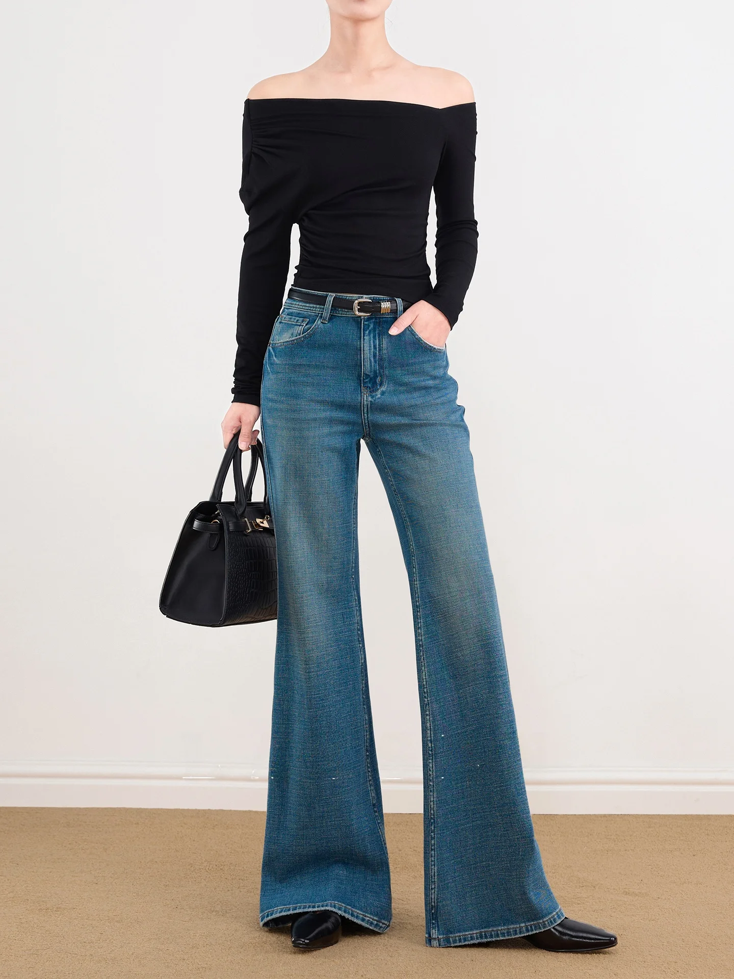 

High Waist Bell Bot Jeans Women's Elastic Slim Fit Straight Leg Jeans een Tone Blue Vintage Flared Pants Casual Wear