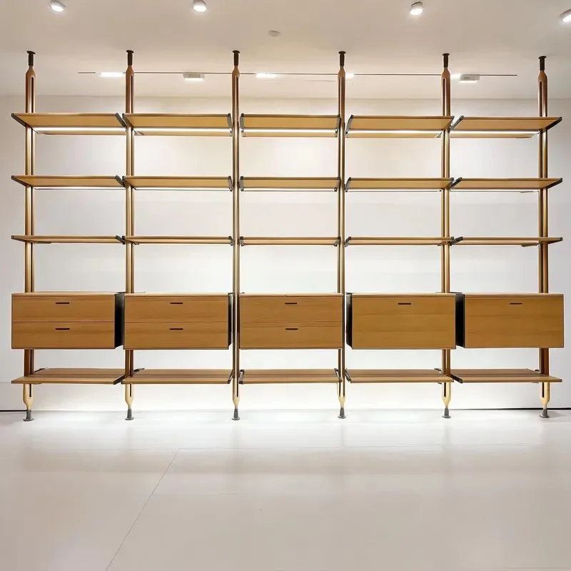 Modern solid wood bookcase open bookshelf drawer type natural wood metal frame living room bookshelf