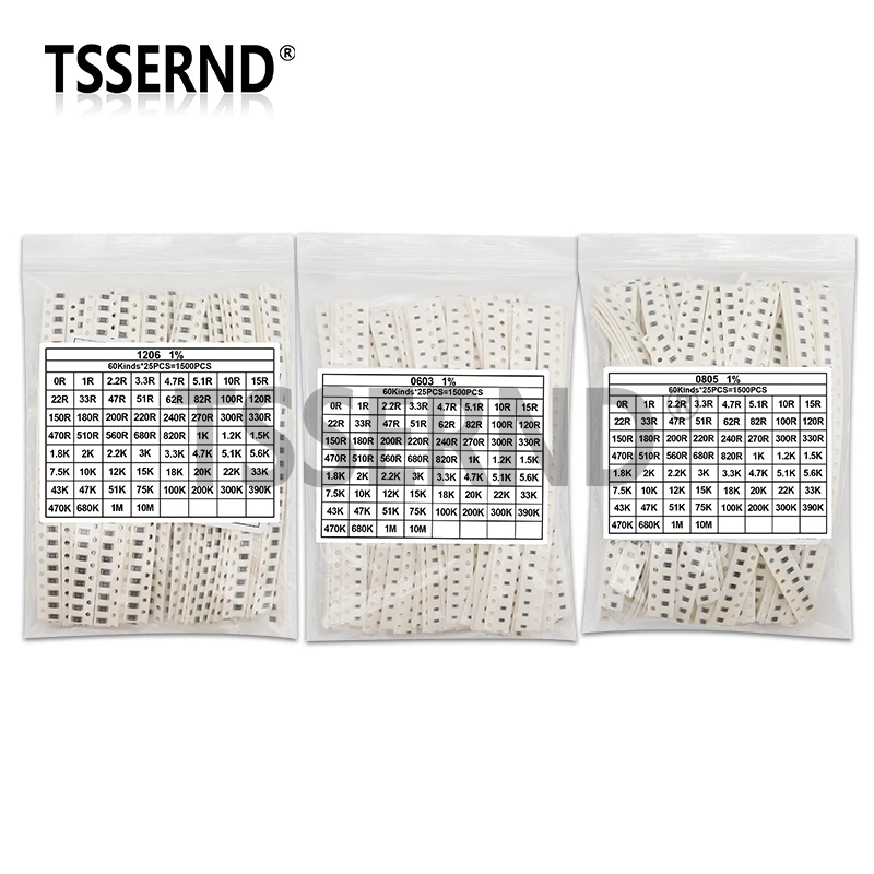 

0603 0805 1206 SMD Resistor Kit Assorted Kit 1ohm-10M ohm 1% 60valuesX 25pcs=1500pcs Sample Bag