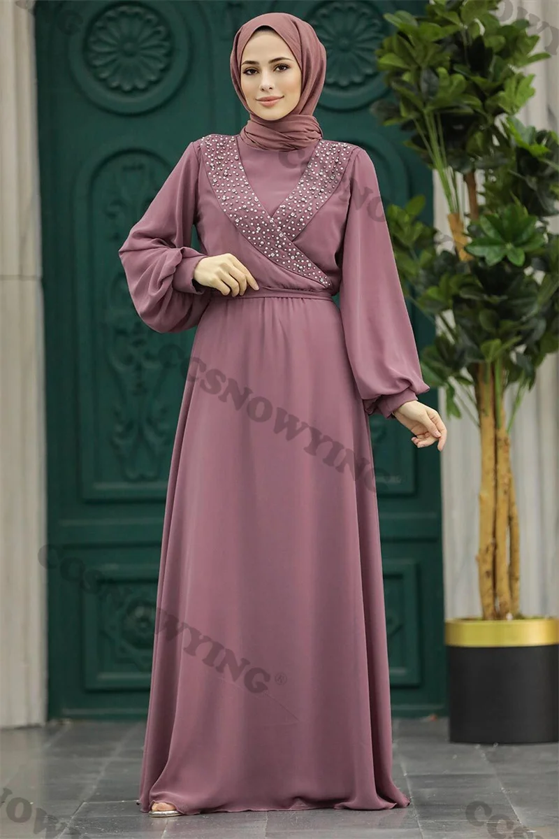 Vestido De noche musulmán De manga larga, chifón islámico con cuentas, cuello alto, Hijab, vestido De fiesta Formal árabe, Dubái, Wome