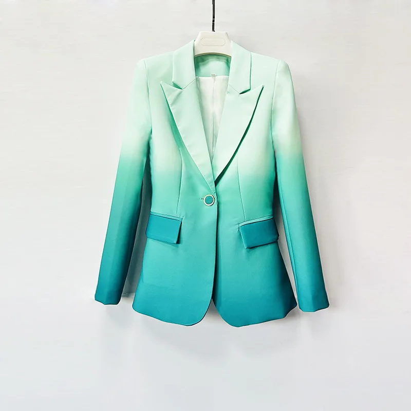 High Quality Lady Gradient Color Office Wear Notched Long Sleeve Single Button Women Casual Blazer