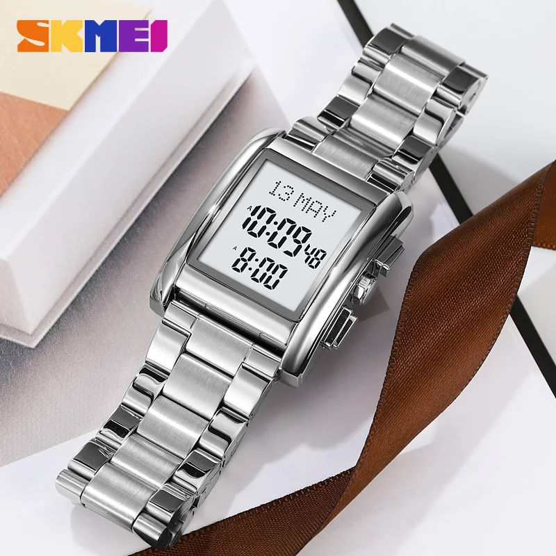 SKMEI Man Wristwatches Luxury Stainless Steel Digital Watches Muslim Philimage Time Remind Qibla Name Display Calendar Clock