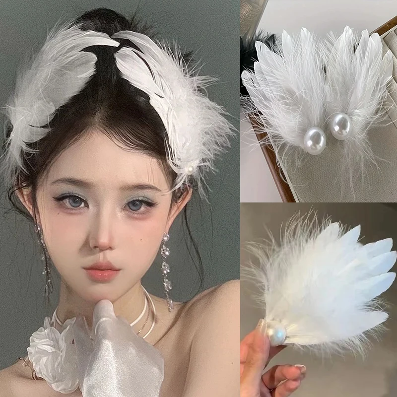 2Pcs/Set Fairy Elegant White Feather Hairpin Sweet Hairwear Pearl Fluffy Girl Side Clip Ballet Decor Barrette Hair Accessories