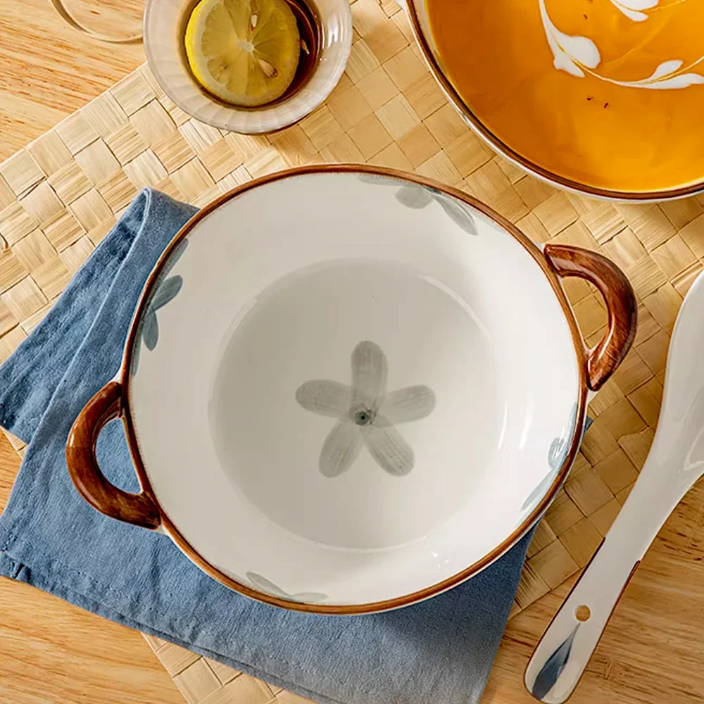 

1700ml Household Noodle Bowl Ceramic Soup Bowl With Handle Salad Pasta Bowl Kitchen Tableware Microwave Oven Bakware Metal bowl