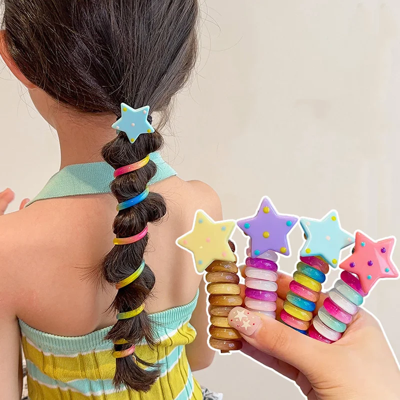 

Красочные звезды, телефонная линия, веревки для волос, милые мультяшные эластичные резинки, милые плетеные артефакты для девочек, детские аксессуары для волос