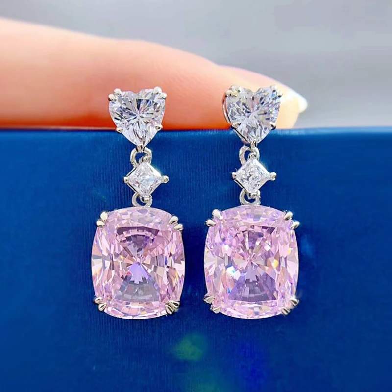 

Shining U S925 Silver High Carbon Daimond 10*12mm Pink Square Drop Earrings for Women Fine Jewelry Wedding Anniversary