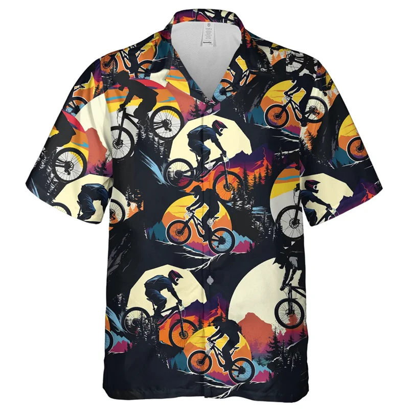 3D Printed Bicycle Cycling Tour Hawaiian Shirt Men Bike Pattern Aloha Shirts Unisex Loose Blouses Lapel Tops Sport Short Sleeve