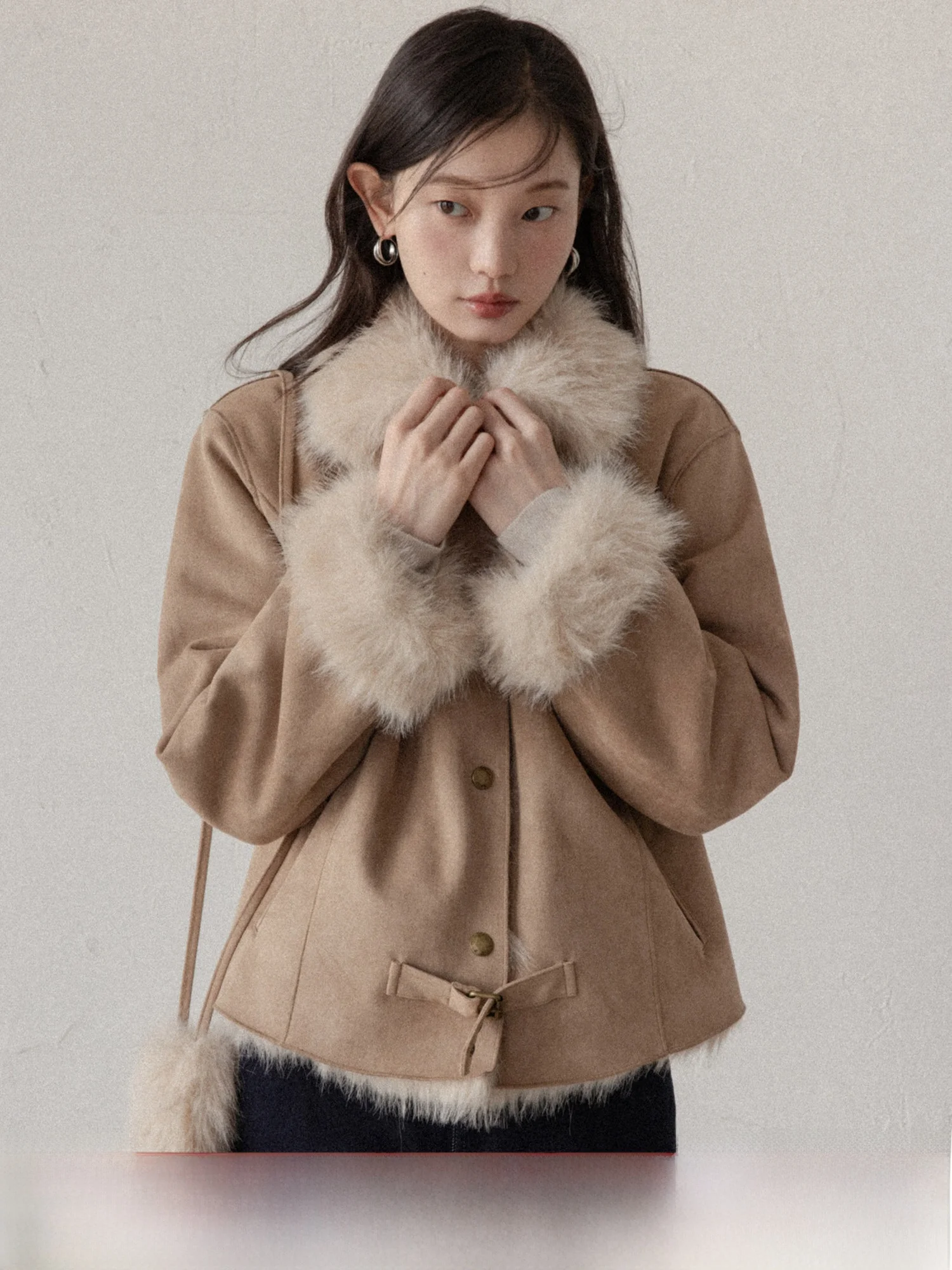 

Ретро-куртка цвета хаки из искусственного меха для женщин, осенне-зимняя, теплая, на подкладке, из кожи и меха, повседневная, с длинными рукавами