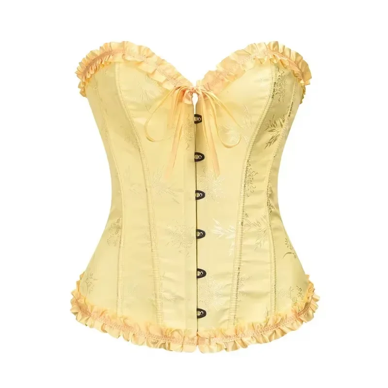 Corsets and Bustiers for Women Top Fashion Sexy Corselet Satin Overbust Brocade Vintage Plus Size Green Black White Pink Yellow