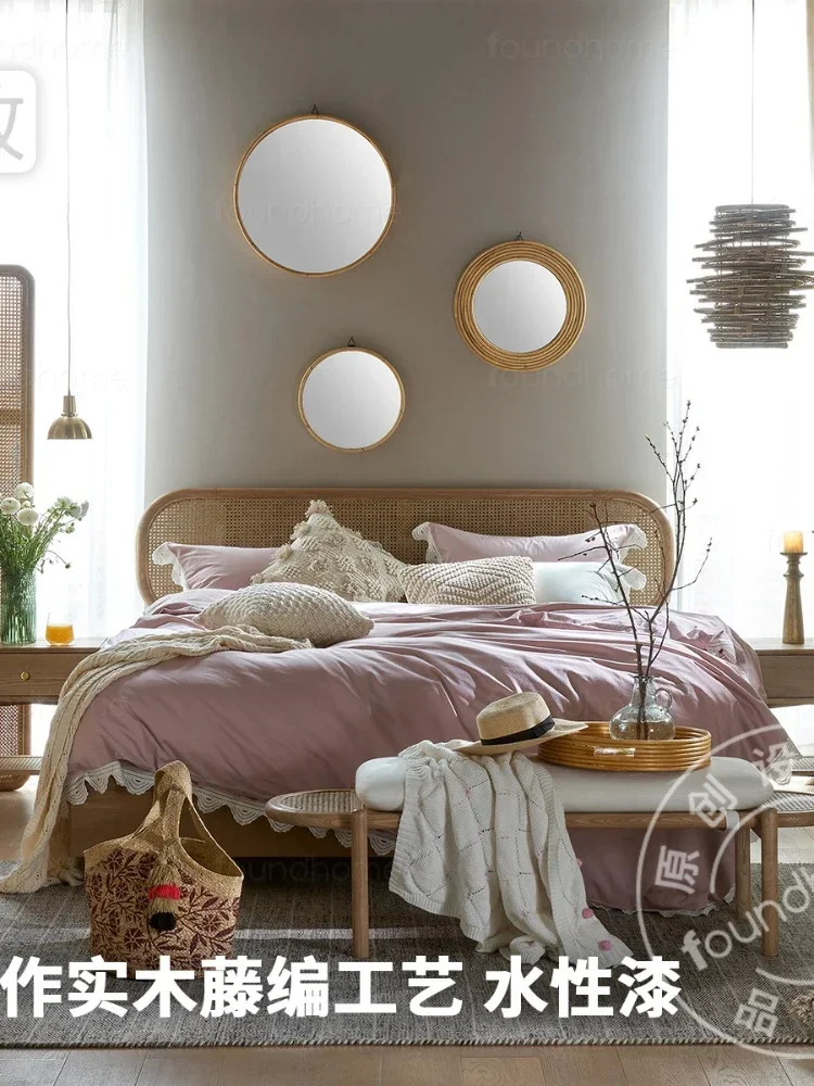 E Rattan Solid Wood Double Bed Simple Modern Master Bedroom Furniture Back Bed