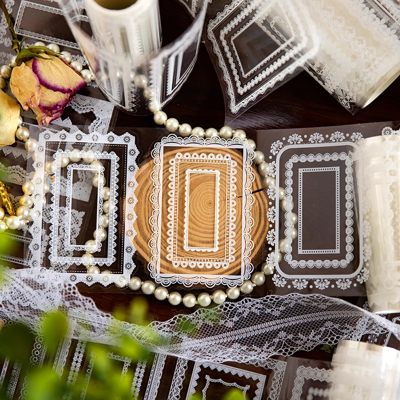 6 Rolls Large Size 10cm X 200cm PET Lace Decorative Tape Retro Border Collage Material for DIY Scrapbooking Beautiful Pattern