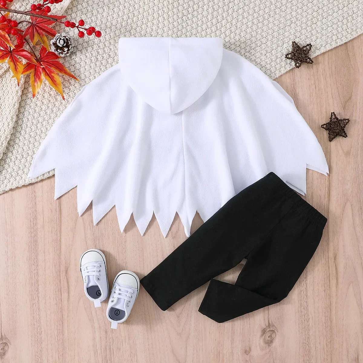 Kinder-Geisterkostüm Weißer Kapuzenponcho mit gezackten Kanten Halloween-Verkleidung für Süßes oder Saures Geburtstagsparty Cosplay-Outfit – Detail 11