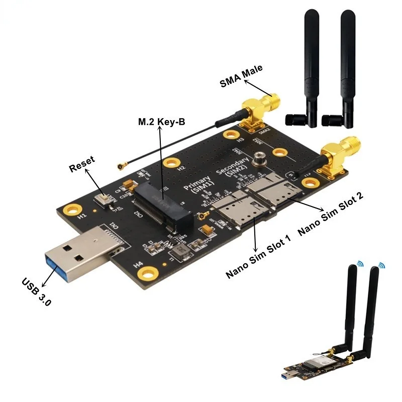 USB 3.0 to NGFF M.2 B Key Slot Wireless Adapter Dual Nano SIM Card Slot With 2 * Antennas