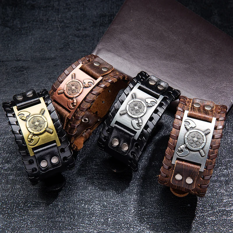 Trendy Totem Design Nordic Double Axe Irish Cross Bracelet Leather Woven Men\'s Bracelet Viking Accessorie Genuine leather jewelr