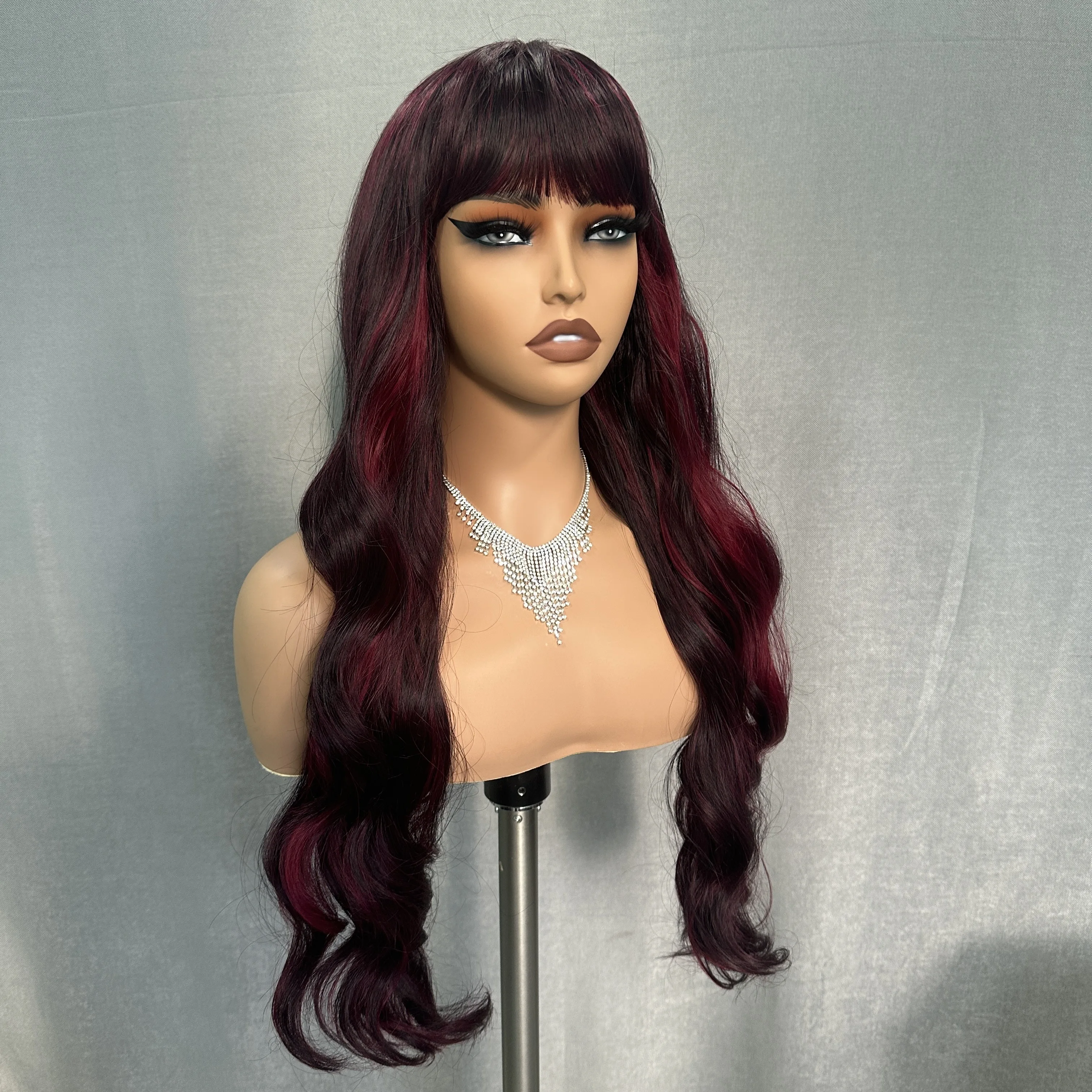 X-TRESS None Lace Machine Made Wig With Bangs Long Black Highlight Purple Red Body Wav Wig Natural Synthetic Soft Wig for Women