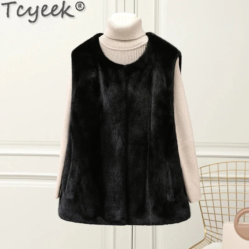 Natural Tcyeek Vest for Women 2024 Fashion Female Whole Mink Sleeveless Jackets Winter Real Fur Vests Warm Short Style