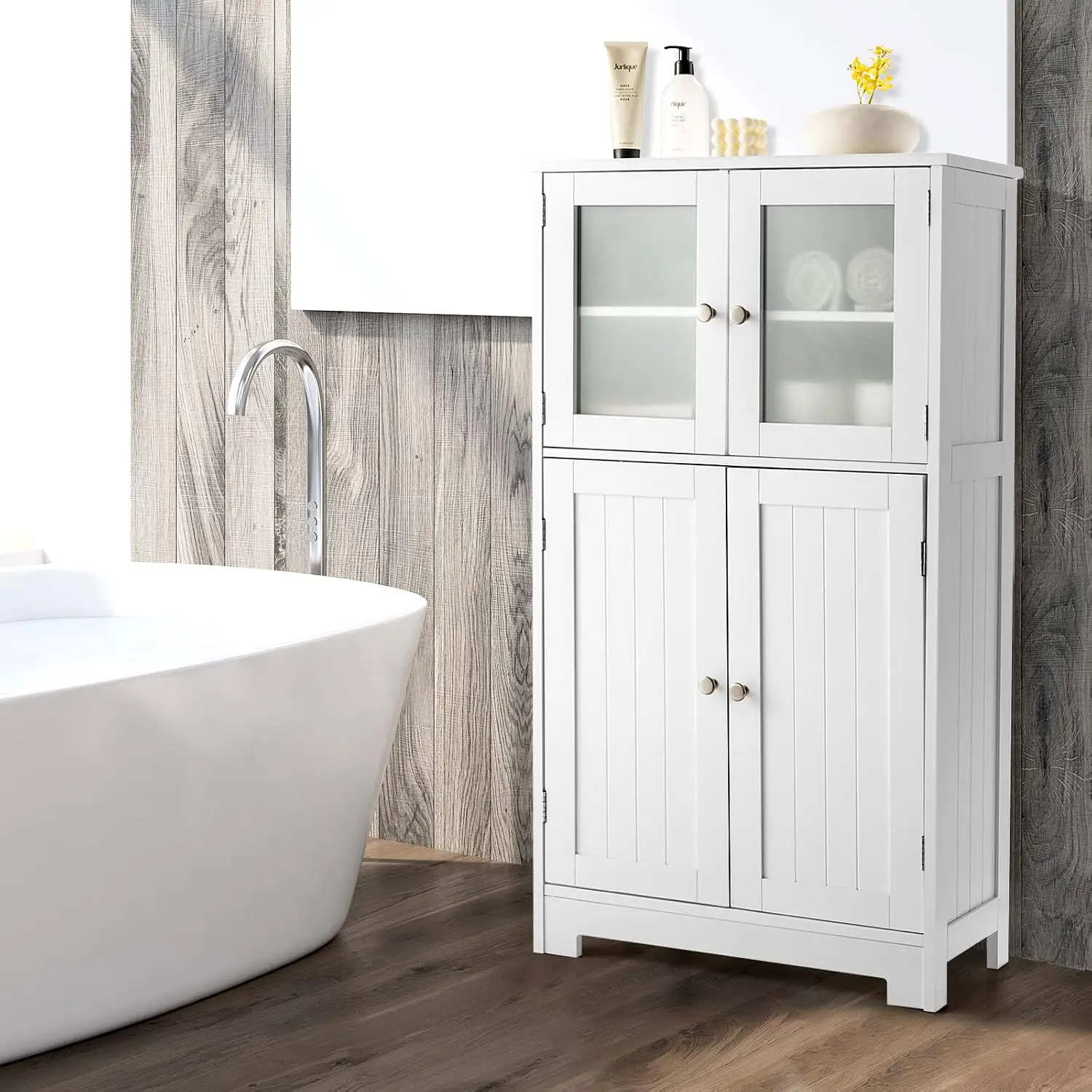 Bathroom Cabinet w/Adjustable Shelf & Anti-toppling Device, Glass Door Floor Cabinet for Kitchen Dining Living Room, Customized