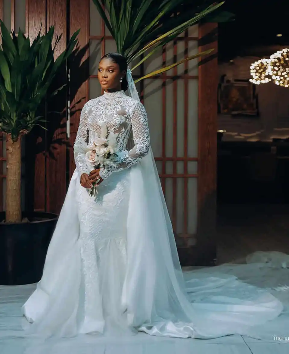 Elegante Zeemeermin Trouwjurk Hoge Hals 3D-Kant Bruidsjurken Glans Pailletten Applicaties Vestina De Novia Plus Size Aangepaste