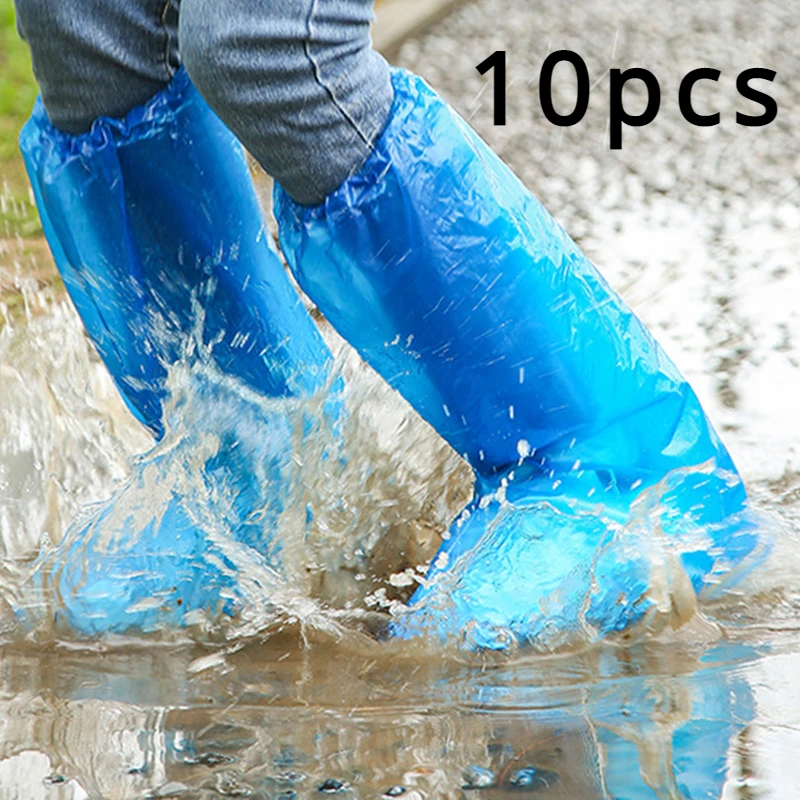 10PCS Blue White Rain Shoe Covers Disposable Plastic Waterproof Rain Shoe Covers Portable Tools Traveling in Rainy Days