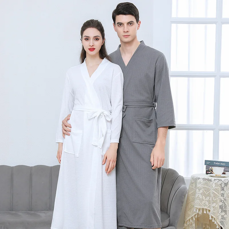 Waffle Transparent Bathrobe Men Women Summer Thin Robe Shower Plaid Dressing Gown Knee Length Breathable Nightgown Home Cloth