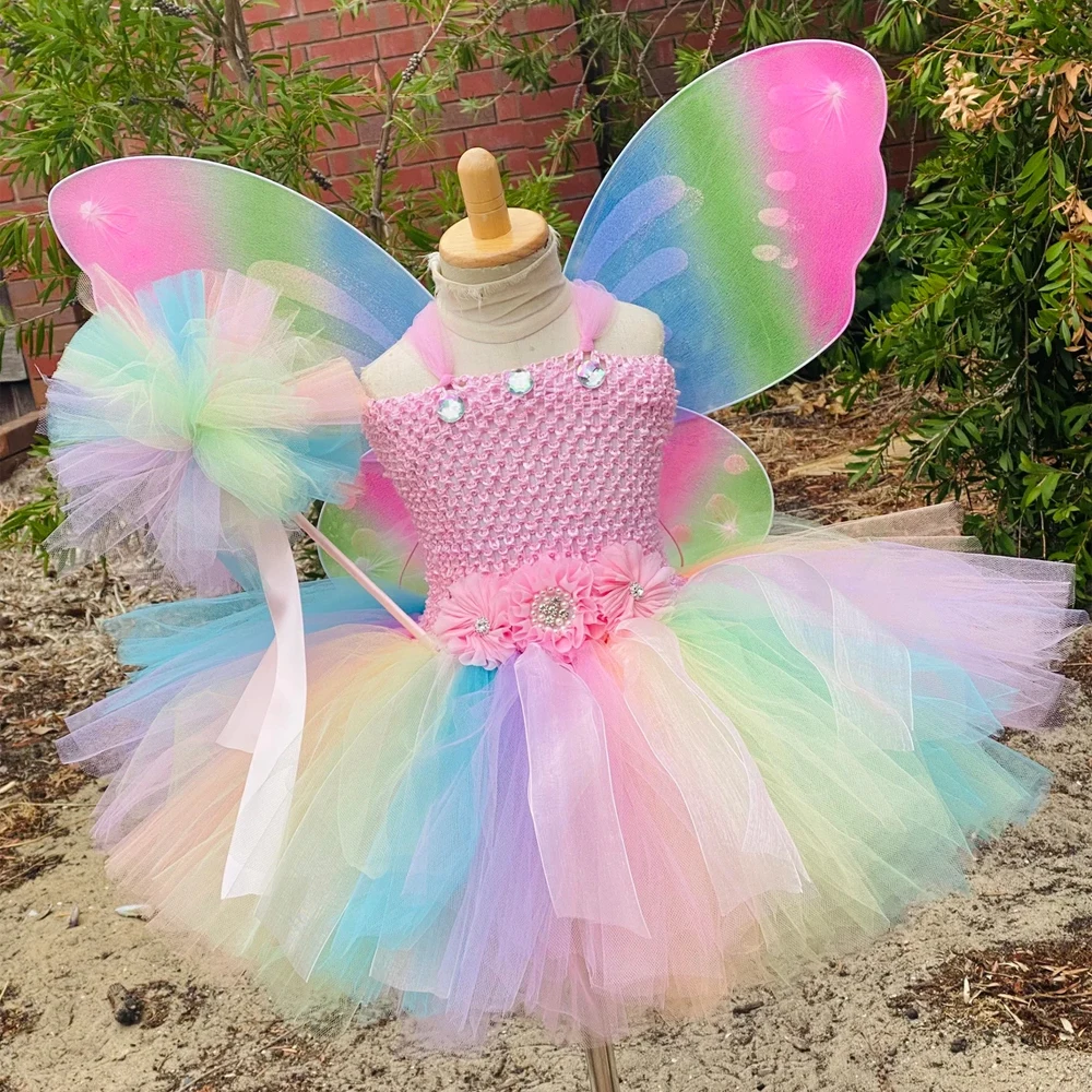 Pastel Fairy Princess Dresses for Girls Birthday Party Costumes Kids Halloween Tutu Outfit with Butterfly Wings Fancy Dress Set