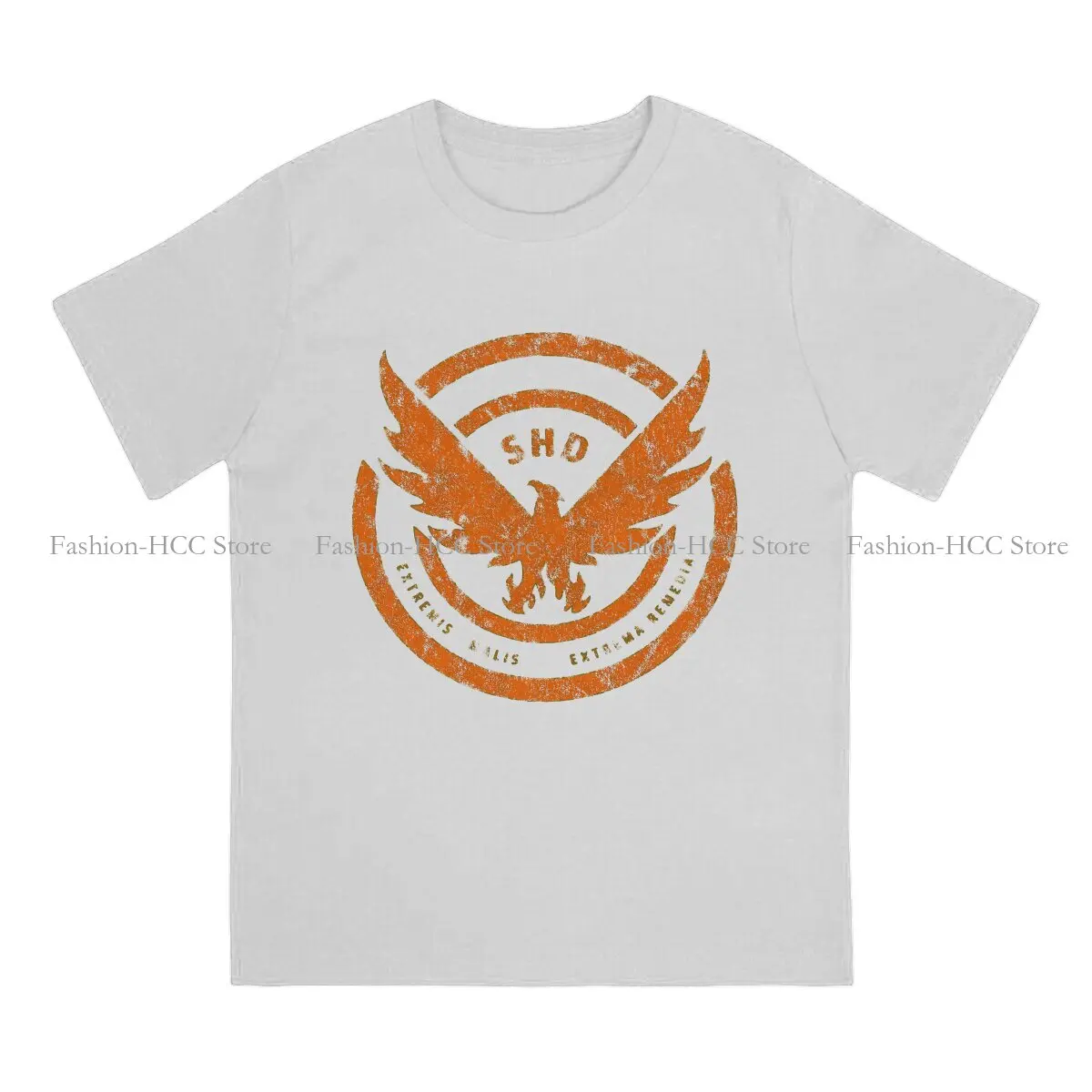 SHD Logo Distressed Orange Hip Hop Polyester TShirt The Division 2 Shd Printing Streetwear Casual T Shirt Men