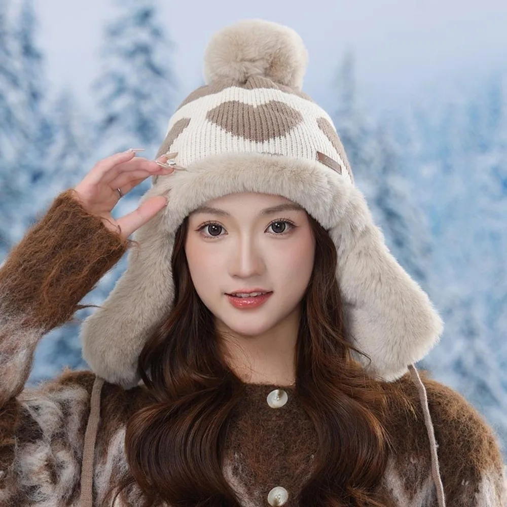 Уютная утолщенная вязаная шерстяная шапка с помпонами, защитная шапка для ушей с принтом «Любовь», защитная шапка для ушей, уличная зимняя шапка