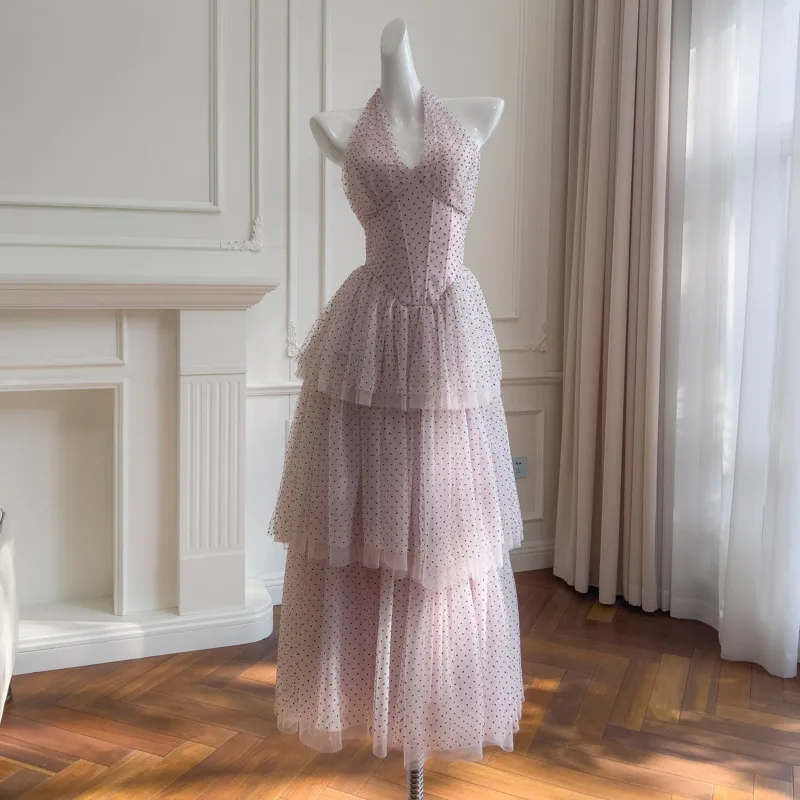 VIBE French Style Polka Dot Flocked Mesh Dress Backless Halter Neck Vacation Dress Puffy Tube Top Cake Dress 2025