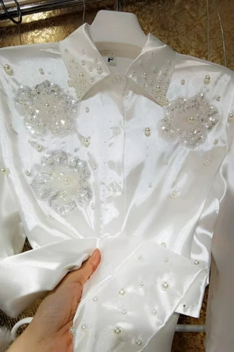 New In 2024 White Beaded Sequined Embroidery White Shirts For Women Long Sleeve Buttons Up Blouses Fashion Top