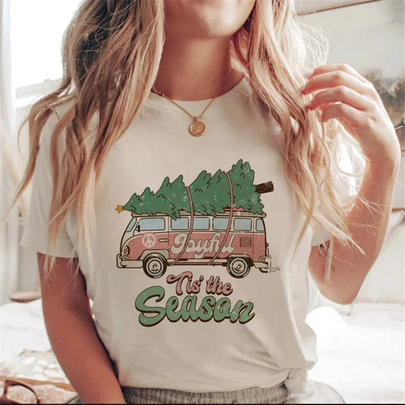 Harajuku Fashion Merry Christmas New Year T-shirt Cartoon Cute Casual Women's Short Sleeve Cartoon Funny Pattern Round Neck T-sh