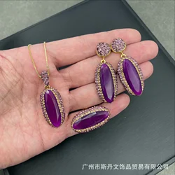 New natural malay jade purple inlay set medieval vintage jewelry three-piece set live stream supply wholesale