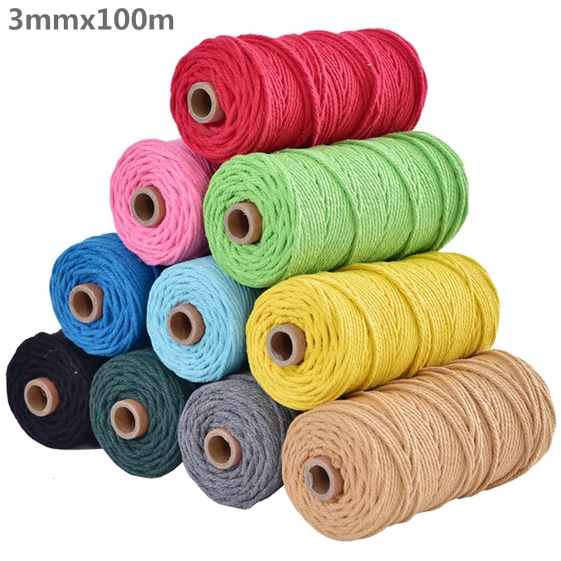 3mm 100% Cotton Cord Colorful Rope Beige Twisted Craft Macrame String DIY Home Textile Decorative Supply 100m Top Quality