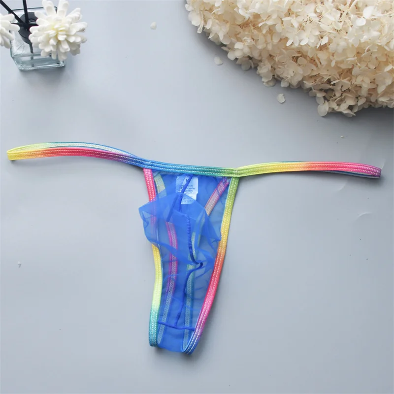 Tanga con parte trasera en T para hombre, ropa interior Sexy, lencería con perspectiva, suspensorio Gay, malla transparente