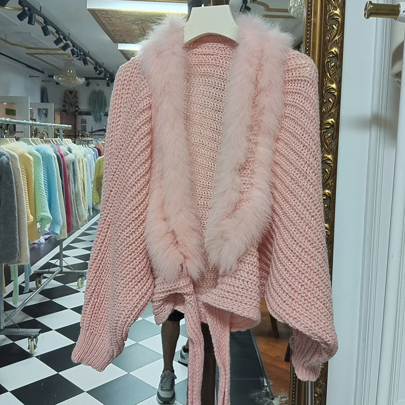 2025 Cardigan lavorato a maglia allentato con maniche a pipistrello autunno donna con vera pelliccia di volpe Moda maglieria a maniche lunghe Capispalla femminile