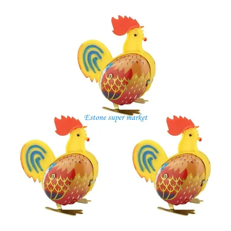 090B Antique Windup Rooster Toy Tinplate Chicken Clockworks Figure Home Decors 3PCS