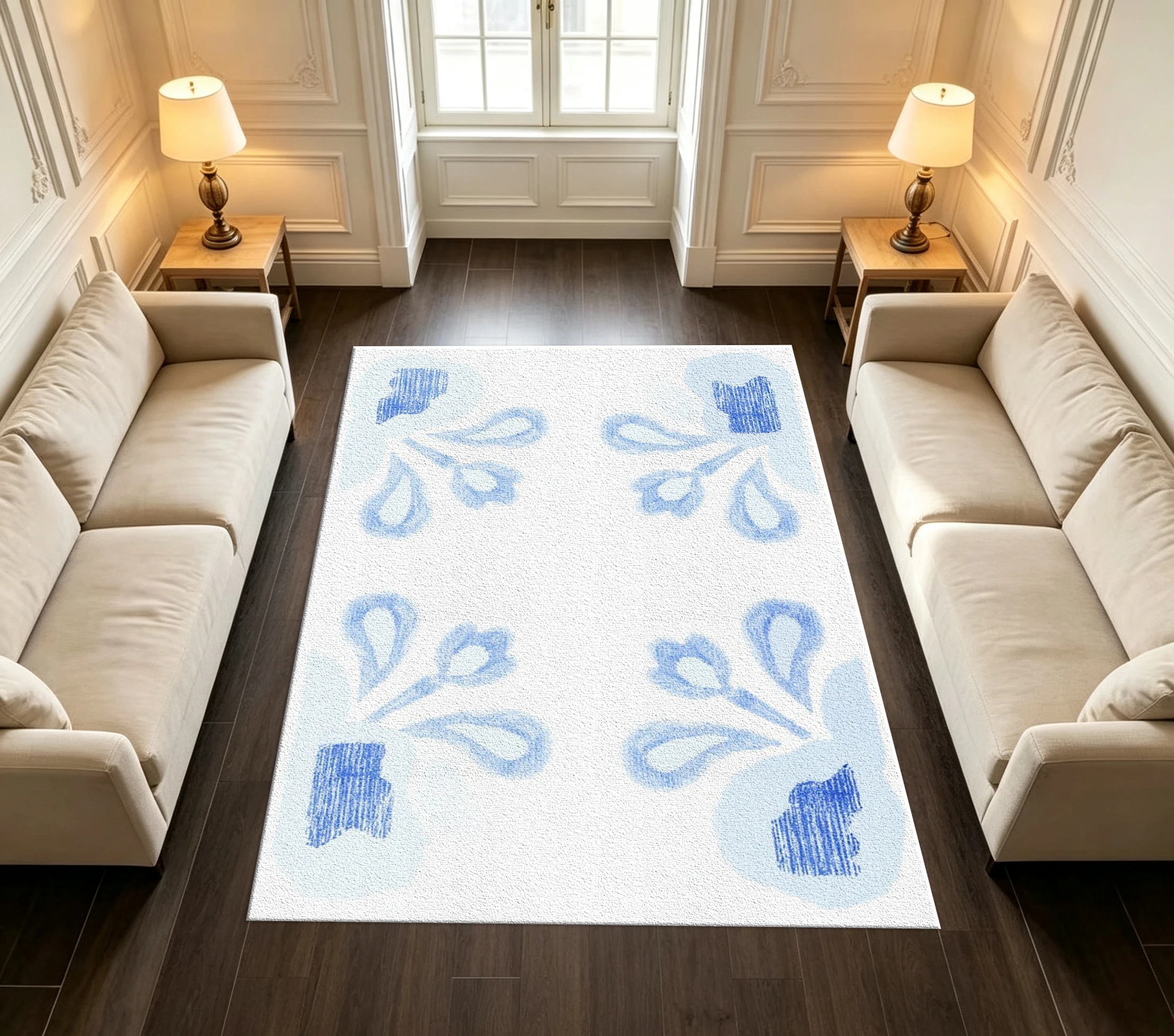 Light Blue Sketch Floral Tile Carpet Minimalist Aesthetic Home Living Room Floor Carpet