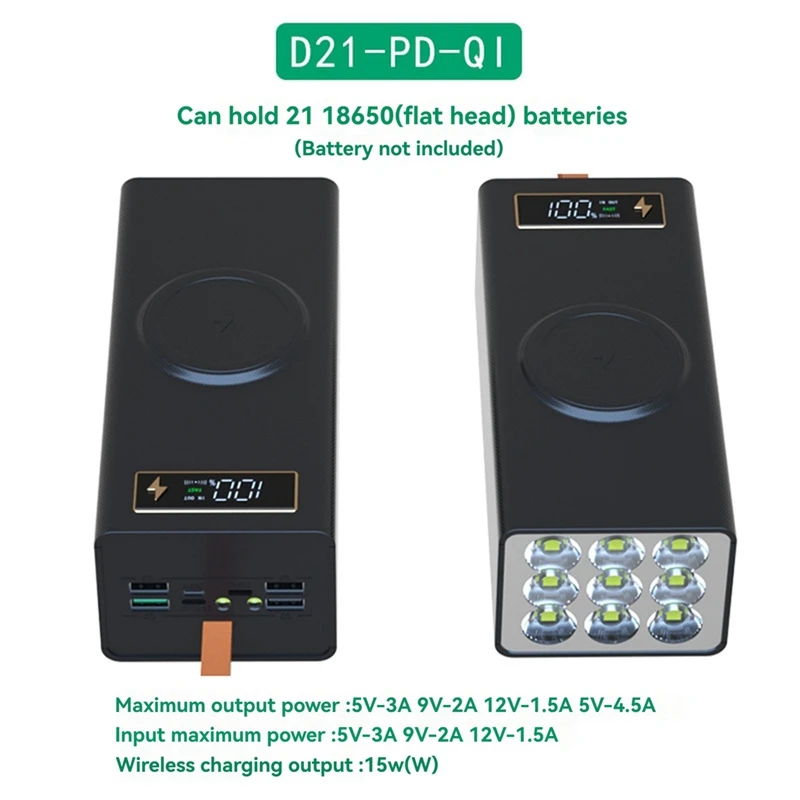 Portable DIY Power Bank Case for 21x18650 Batteries Portable External Battery Box for Mobile Phone Charging D21-PD--A51M