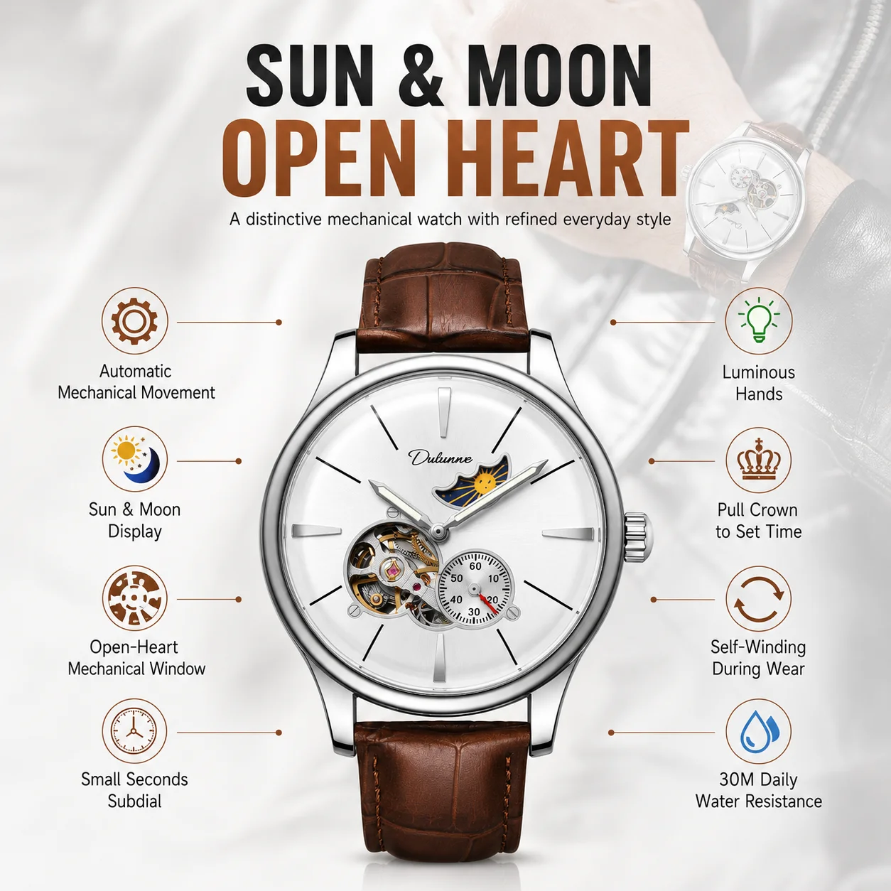 Men’s Automatic Mechanical Watch White Dial Brown Leather Strap Open Heart Sun Moon Display Small Seconds Dress Business Wristwa