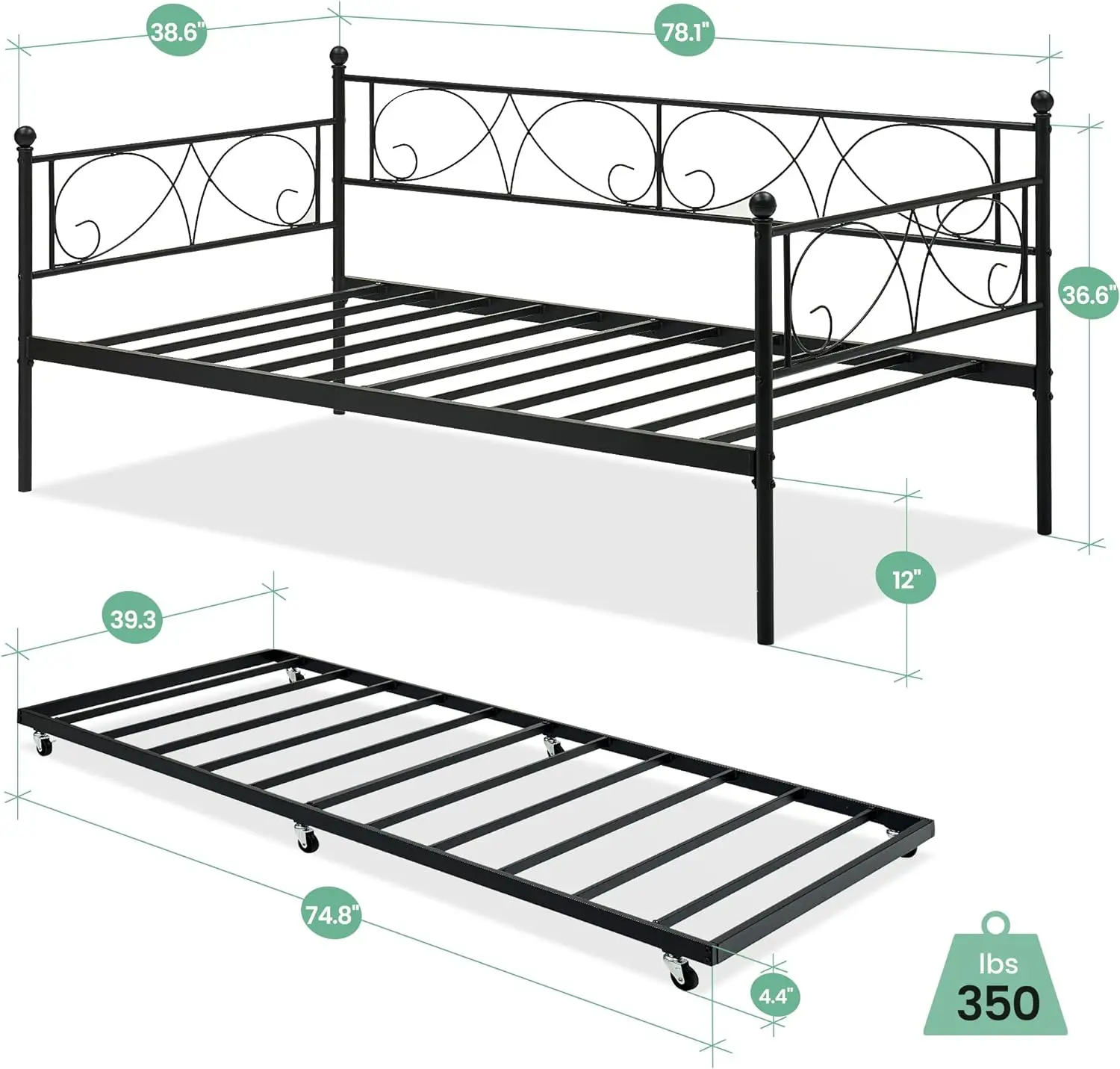 Cadre de Lit de Jour en Métal avec Trundle RapDuty, Lattes Métalliques, Matelas, Plateforme de Fondation, Canapé-Lit avec Planche de Sauna pour Chambre à Coucher, Lits Jumeaux