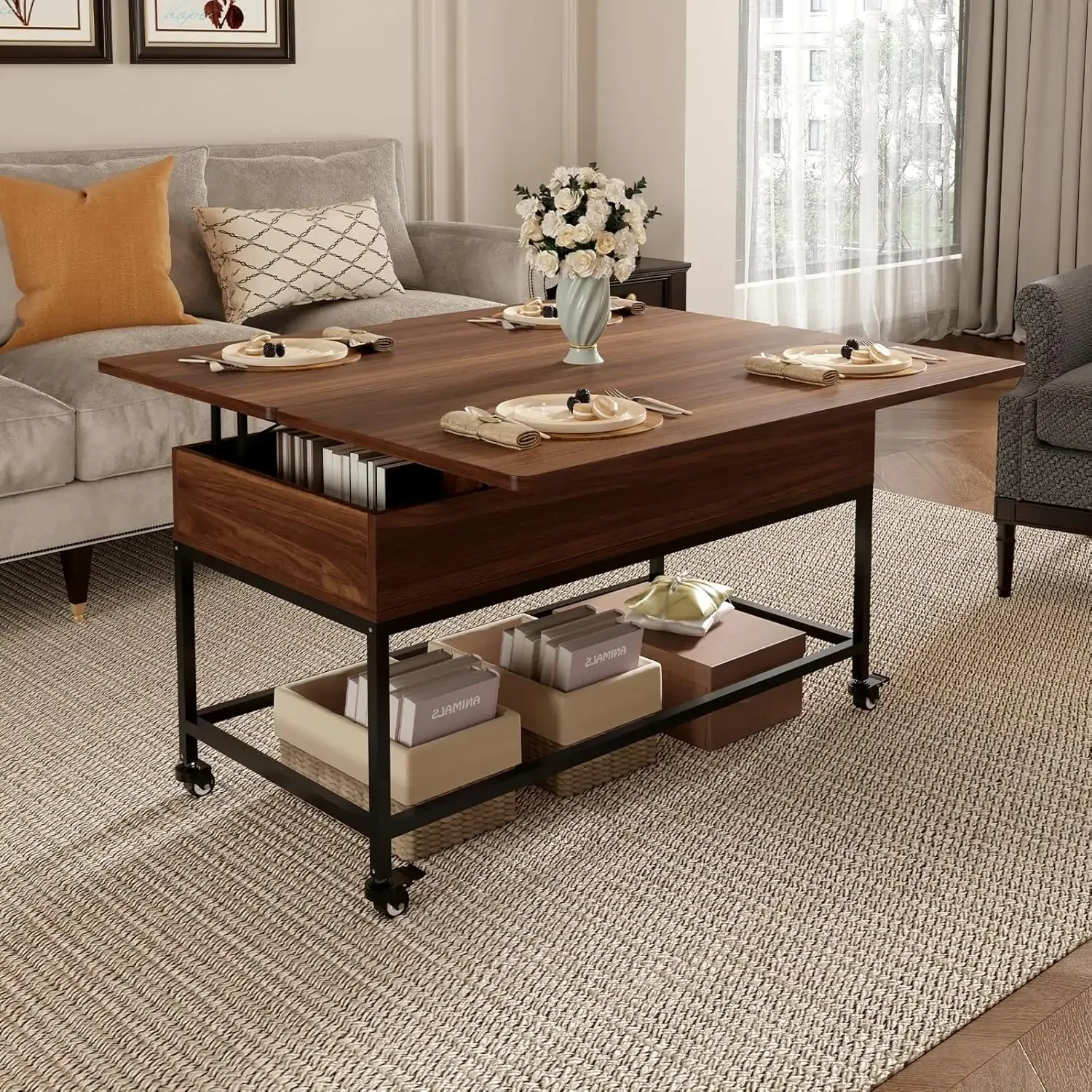 Lift Top Coffee Table, 3in1 Folding Rolling Coffee Table with Storage Drawer Push Opening, Metal Frame Wood Coffee Table