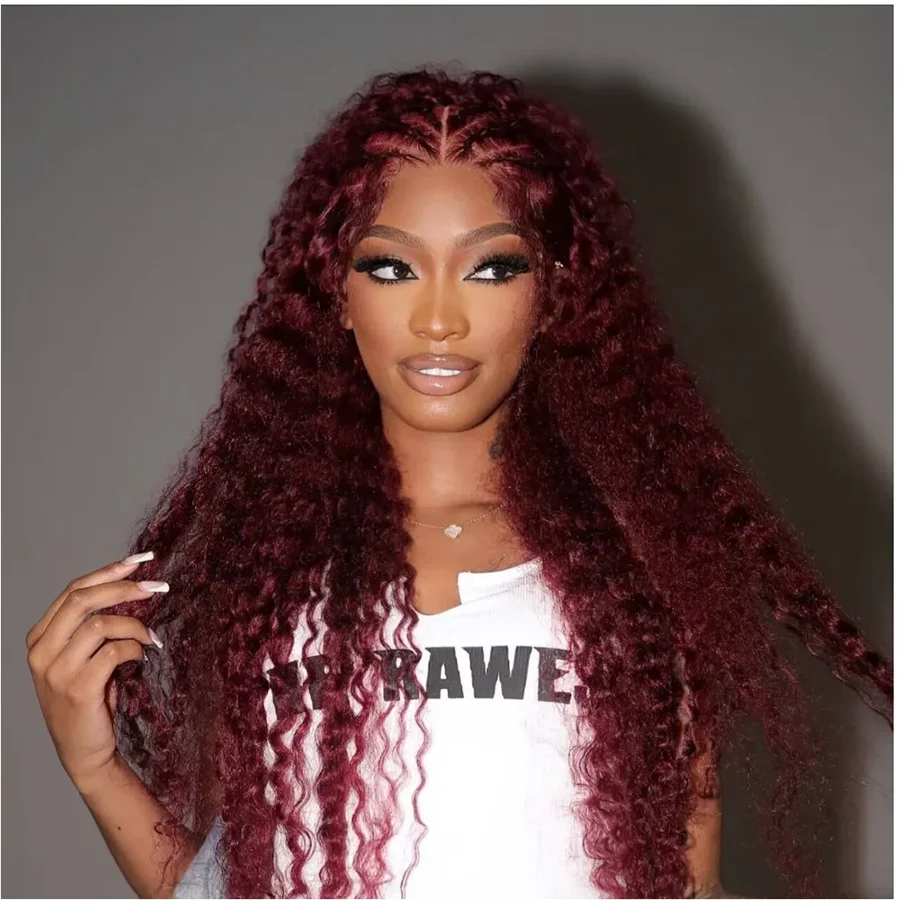 

3B 3C Burgundy 99J Deep Wave Wigs 200 Density 36 Inches Frontal Human Hair Wigs for Women