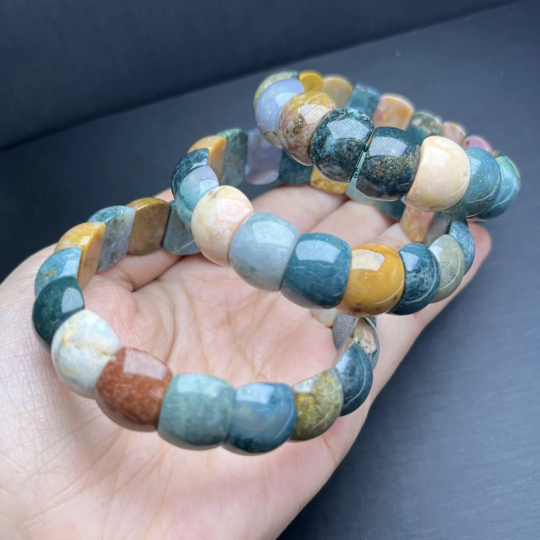 1 Pc Fengbaowu Natural Indian Agate Bracelet Bangle Oval Beads Crystal Reiki Healing Stone Fashion Jewelry Gift Women Men